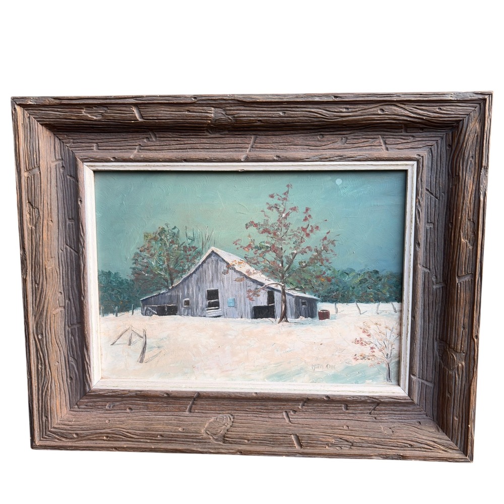 Winter Barn Oil Painting MCM Original Framed Oklahoma Art Signed Dated Anadarko